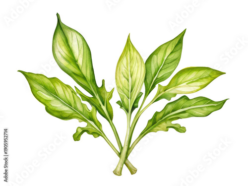 A single plant with green leaves growing on a plain white background, ideal for illustrations and designs