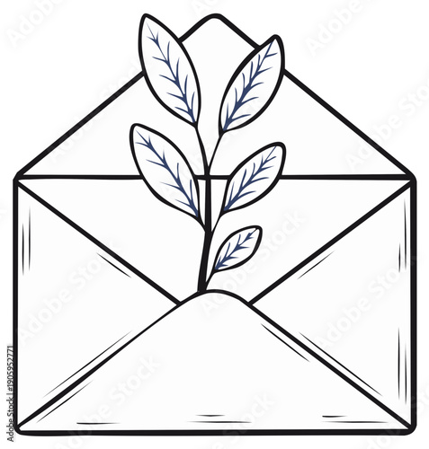Hand-Drawn Open Envelope with Growing Plant Branch