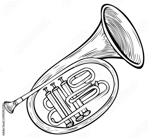 Single Euphonium Line Art: Detailed Musical Instrument Illustration for Stock