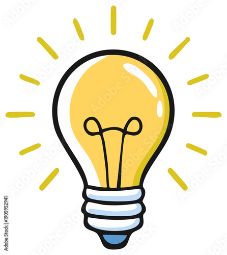 Bright Yellow Lightbulb Emanating Rays of Inspiration Cartoon Style