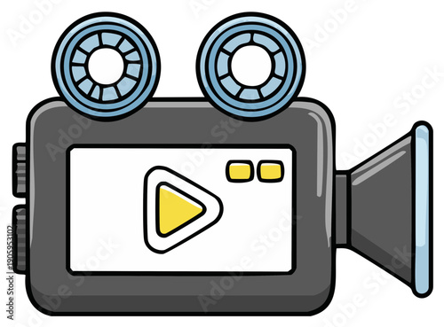 Retro cartoon video camera with play button on screen and film reels