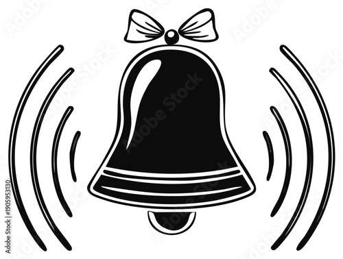 Vintage school bell with decorative bow ringing and emitting sound waves illustration