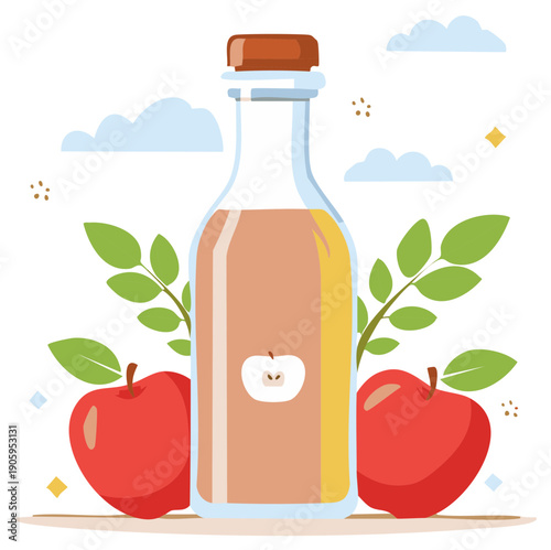 Fresh Apple Cider in Glass Bottle with Red Apples and Green Leaves Illustration