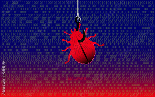 Malware bug hanging on a hook. Malware removal, IT Security Concept Design.