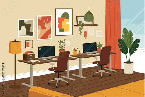 Whimsical doodle-style flat vector illustration of a bright creative office featuring standing desks, colorful accessories, wall art, and indoor plants, full of playful energy.