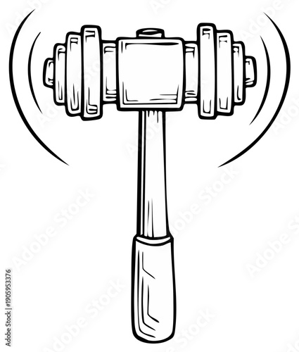 Illustration of a cartoon gavel with sound waves, line art