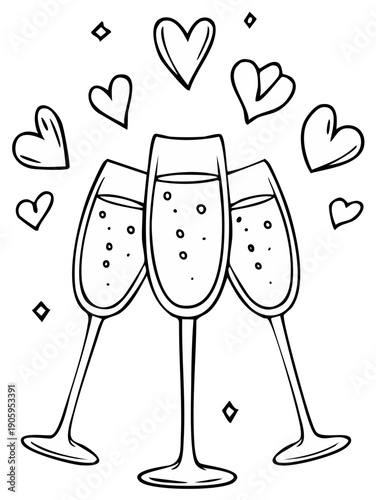 Three clinking champagne flutes filled with bubbly with hearts and sparkles celebrating romance
