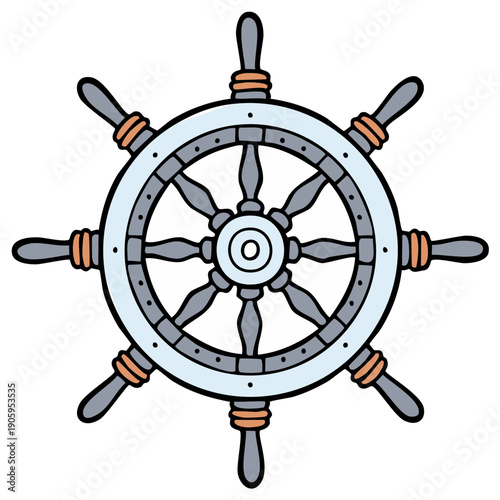 Vintage ship steering wheel with eight spokes and wooden handles navigational control