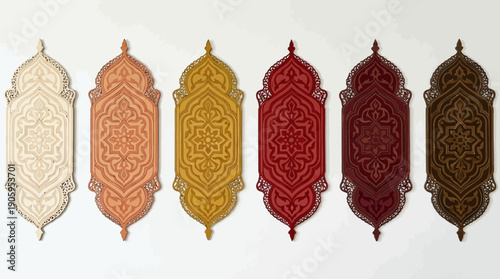 Islamic Decorative Vector Panels | Ornate Symmetrical Arch Motif Design | Middle Eastern Pattern Illustration | Festive Cultural Art | Elegant Decorative Vector Ornament Collection