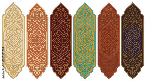 Islamic Decorative Vector Panels | Ornate Symmetrical Arch Motif Design | Middle Eastern Pattern Illustration | Festive Cultural Art | Elegant Decorative Vector Ornament Collection