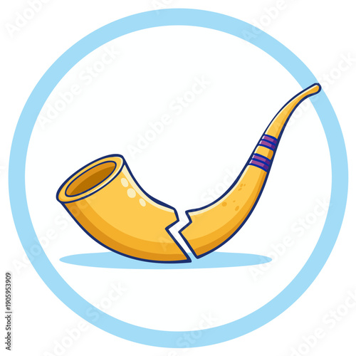 Cartoon Shofar Symbol: Broken Yellow Ram's Horn Inside Light Blue Circle Frame - Religious Ritual Object, Tradition, Observance