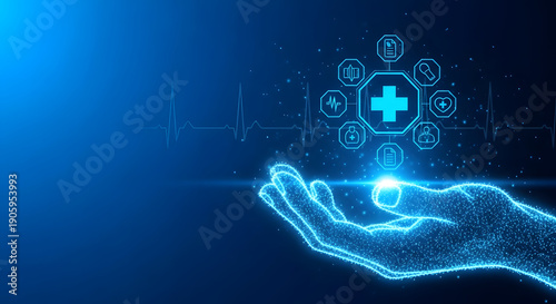 A glowing blue hand with a medical cross and icons floating above it in a dark blue background with a gradient effect