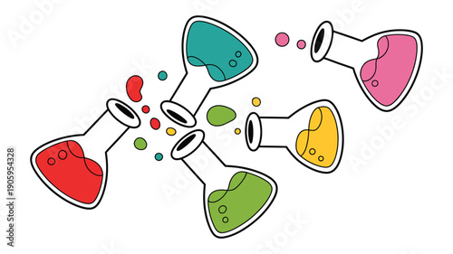 Science flasks with bubbles and diverse chemical liquids, vector illustrations for laboratory experiments, chemistry research, education, scientific studies, chemical reactions, and digital or print 