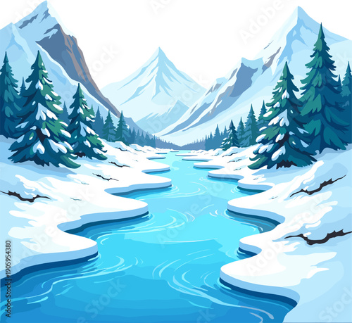 Snowy mountain river landscape with icy water, winter forest, frozen mountains and peaceful arctic scenery
