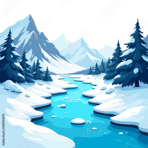 Snowy mountain river landscape with icy water, winter forest, frozen mountains and peaceful arctic scenery
