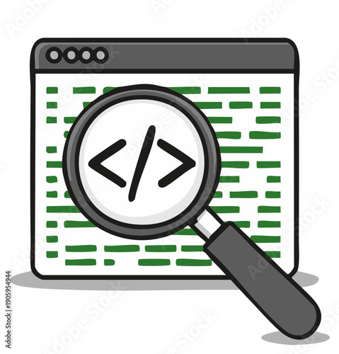 Magnifying glass inspecting code on a computer screen searching for errors or bugs, vector art for debugging and programming concepts