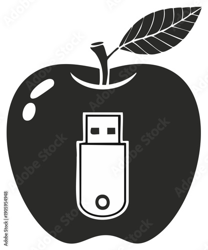 Digital technology concept with a USB drive inside a stylized apple silhouette