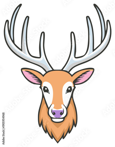 Cartoon deer head illustration with large antlers facing forward isolated on white background for logos and animal designs