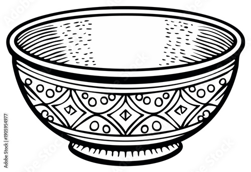 Detailed hand-drawn illustration of an antique bowl with ornate geometric pattern
