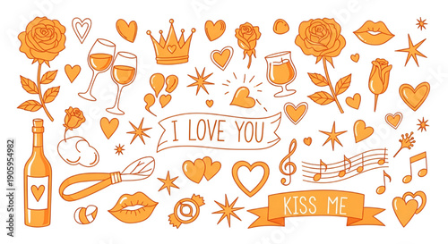 Playful Valentine and Wedding Doodle Stickers with Crayon Grunge Scribble Collage Illustrations