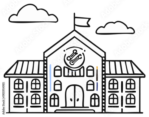 Doodle style building with gears clock on facade and clouds overhead represents trade school or vocational training facility