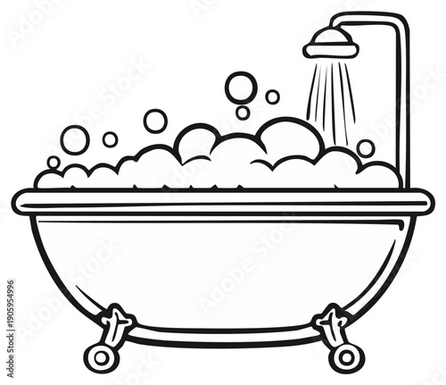 Cartoon bathtub filled with foamy water and bubbles with a shower overhead