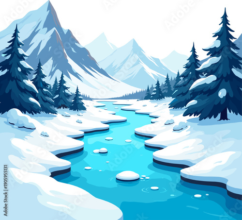 Snowy mountain river landscape with icy water, winter forest, frozen mountains and peaceful arctic scenery