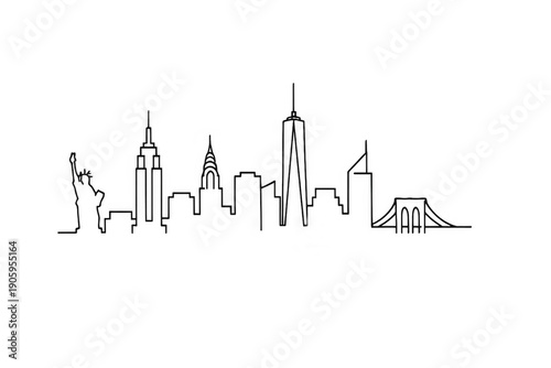 New york city skyline architecture line drawing including statue of liberty and brooklyn bridge on transparent background