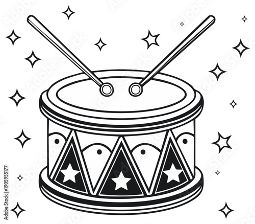 Illustration of a drum with drumsticks surrounded by stars in black and white outline