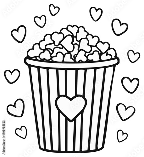 Whimsical illustration of a popcorn bucket filled with heart-shaped kernels surrounded by floating hearts