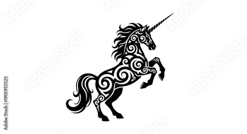 Black heraldic unicorn silhouette with ornate swirling tribal patterns and sharp horn, rearing pose, mythical creature vector art, logo design, isolated on white background