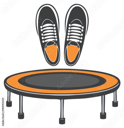 Cartoon illustration of black sneakers above a trampoline, exercise concept