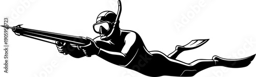 Silhouette of Spearfishing Diver in Wetsuit with Snorkel and Speargun Aiming Forward, Dynamic Underwater Hunting Pose, Minimalist Vector Art, Graphic Icon, isolated on white background