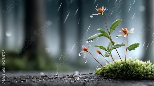 Wallpaper Mural Small flowers emerge from the soil in a forest where rain falls. Water droplets gather on their petals while greenery surrounds them. The wet ground shows nature's growth cycle Torontodigital.ca