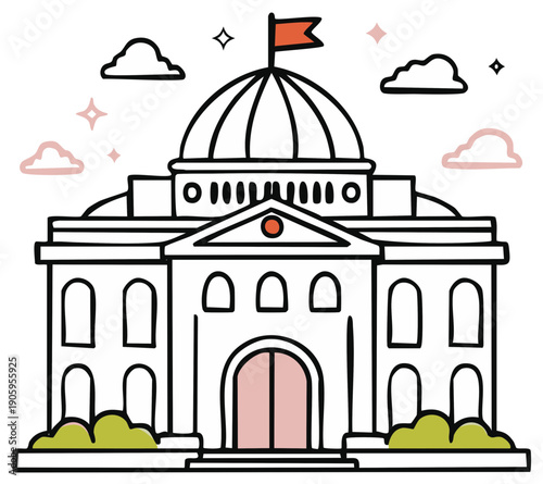 Whimsical illustration of a grand public building with a dome and flag symbolizing government or institution