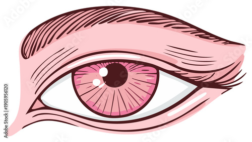 Stylized pink eye illustration with a detailed iris and lashes in a hand drawn comic art style