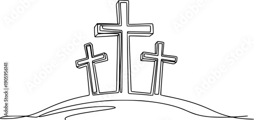 Three Christian crosses on a hill, symbolizing Golgotha, Easter, faith, and religion. Drawing in one line art style with editable black stroke.
