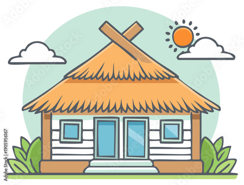 Tropical Bungalow With Thatched Roof and Sunny Sky Illustration