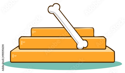 Cartoon white bone rests diagonally on three orange ascending blocks symbolizing reward achievement or goal