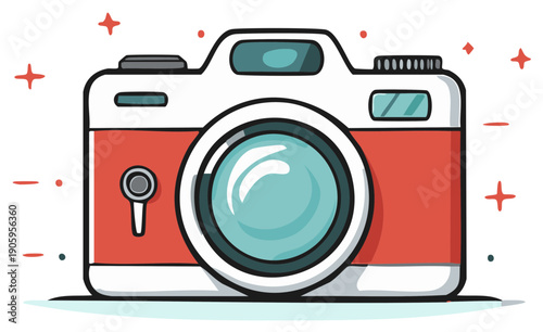 Whimsical Flat-Style Illustration of a Classic Film Camera with Red Accents and Sparkling Details on White Background