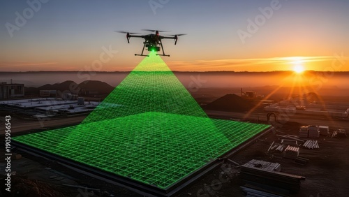 Drone mapping construction site with lidar scanner during sunset overview futuristic technology survey