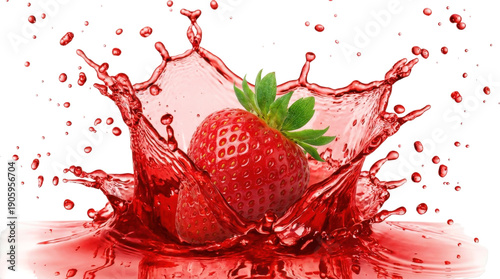 Fresh red strawberry splashing into vibrant juice on transparent background for fruit