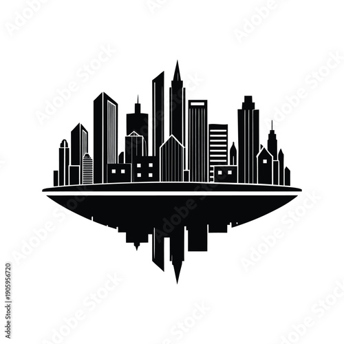 Minimalist city skyline silhouette with reflection.
