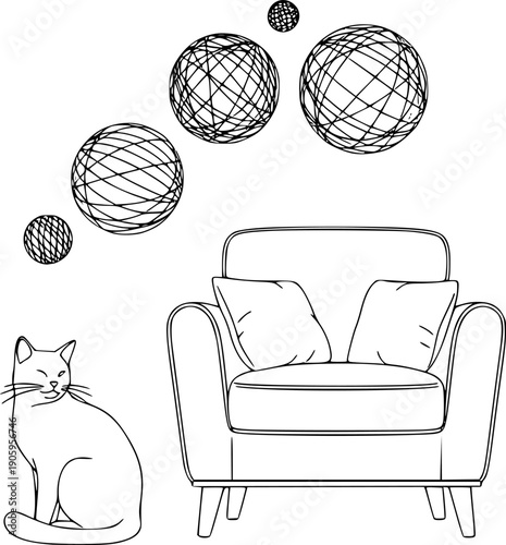 Minimalist line art illustration of a seated cat beside a cushioned armchair with abstract decorative spheres above
