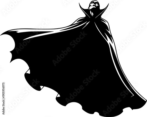 Dramatic black silhouette of a vampire figure looking upward with a dramatically flowing, wide cape, gothic horror vector art,
