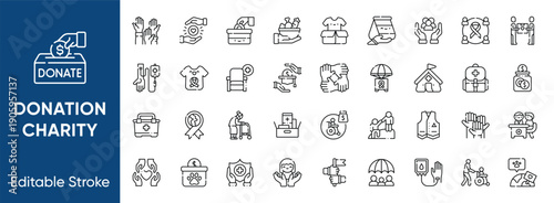 Donation and charity line icons set. Volunteer fundraising, food drive, blood donation, humanitarian aid, and community support symbols.
