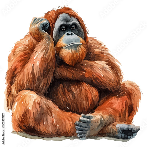 Orangutan, vibrant painting vector in watercolor style with playful brushwork and lively colors, isolated on a white background.