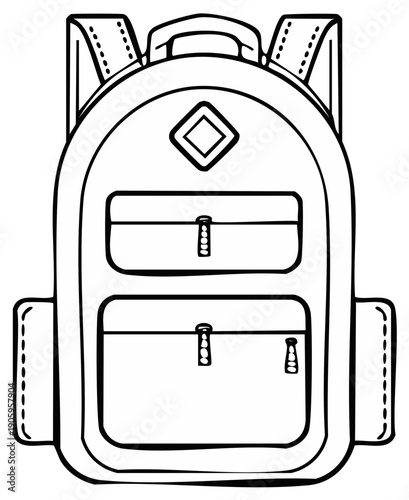 Backpack vector design with zipped compartments for carrying essentials illustration for children's coloring book page