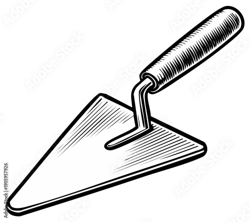 A vintage style masonry trowel hand tool in a black and white engraved line art illustration