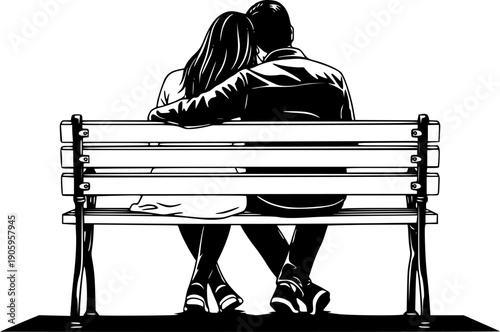 Couple sitting on a park bench viewed from the back simple illustration
